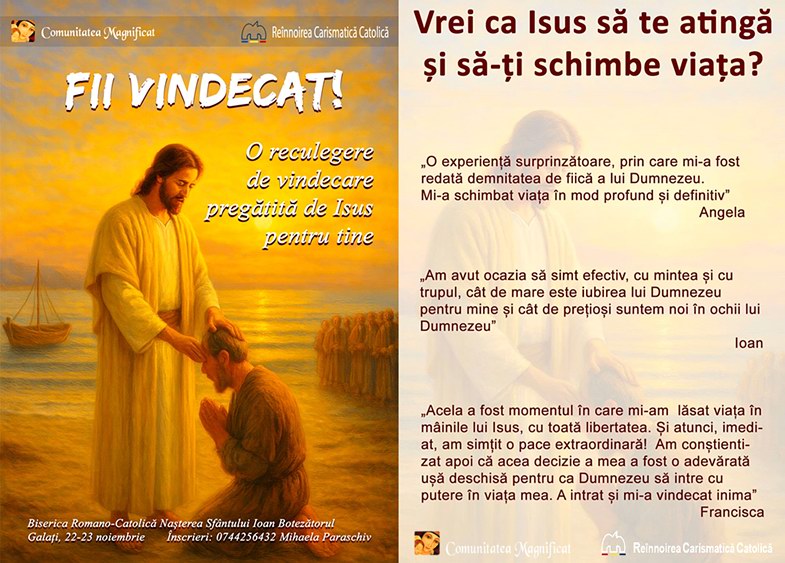 afișul reculegerii de vindecare „Fii vindecat!”, organizată de Comunitatea Magnificat la Galați (2025)