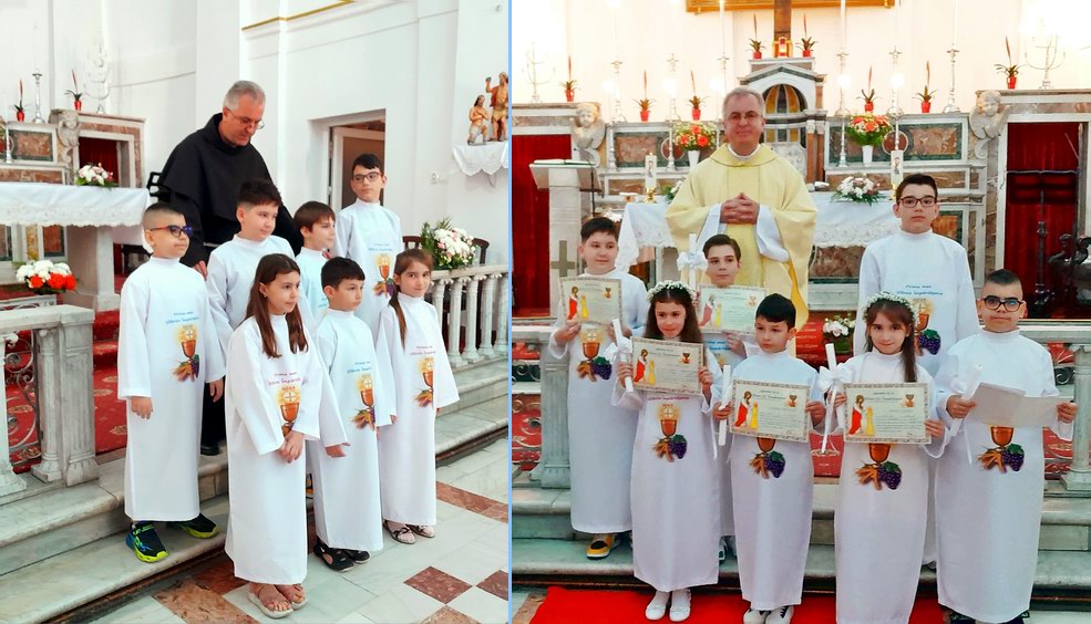 pr. paroh Cristian Dumea și copiii, în preziua și imediat după celebrarea Primei Sfinte Împărtășanii(Galați, 2024)